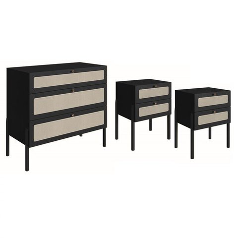 Comoda e 02 Mesas de Cabeceira Palhinha 27934x27933 Linha Oslo Nero Artesano