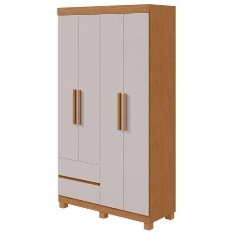 Guarda Roupa Solteiro Zeus 4 Portas 2 Gavetas MDP Corrediças Telescópicas Amendoa Clean-Off White