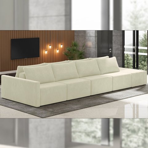 Sofá Ilha Modulado Milos 432cm Puff Lateral Veludo Bege G33 - Gran Belo
