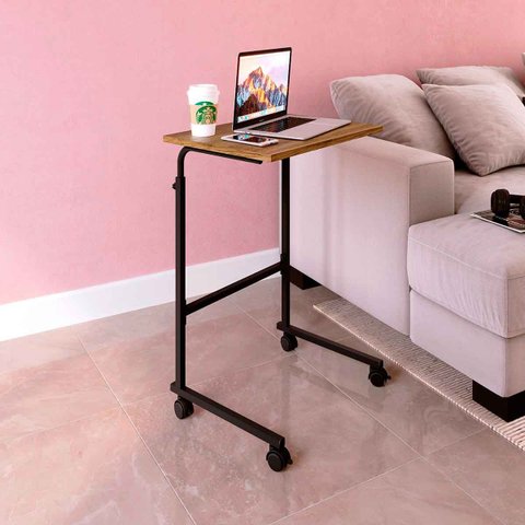 Mesa Notebook Home Office 55cm x 85cm com Rodinhas e Regulagem de Altura Cor:Preto com Noce Oro