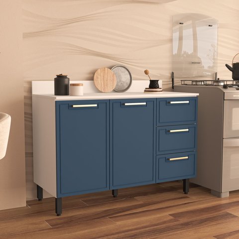 Balcão de Cozinha Amara 120 Cm 2 Portas 3 Gavetas Branco/azul - Politorno