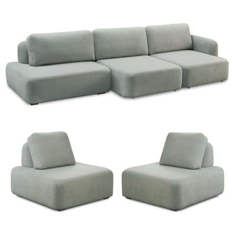 Conjunto Sala de Estar 1 Sofá Retrátil Modulado 402cm e 2 Poltronas Santiago Bouclê Cinza G89 - Gran