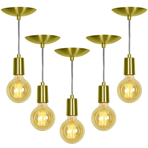 Kit 5 Pendente Tubo Cilindro Alumínio Dourado Fio 120cm