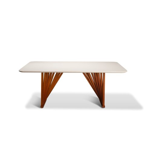 Mesa de Jantar 8 Lugares 200cm x 105cm Base em Madeira Maciça Tampo Off White