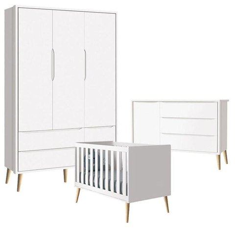 Quarto de Bebê Theo 3 Portas com Cômoda Branco Acetinado Pés Madeira Natural - Reller