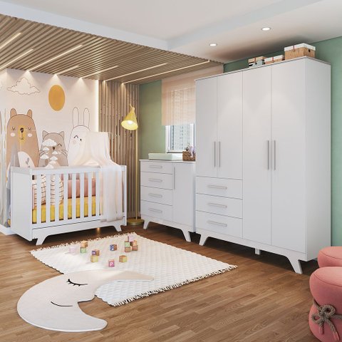 Quarto de Bebê Completo com Guarda Roupa, Cômoda e Berço 100% MDF Jolie Retrô Espresso Móveis