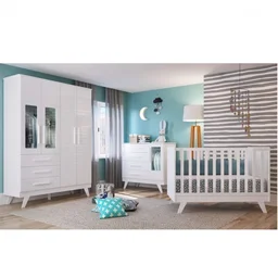 Quarto de Bebê Completo com Guarda Roupa com Janela Cômoda e Berço 100% MDF Jolie Retrô  - 2