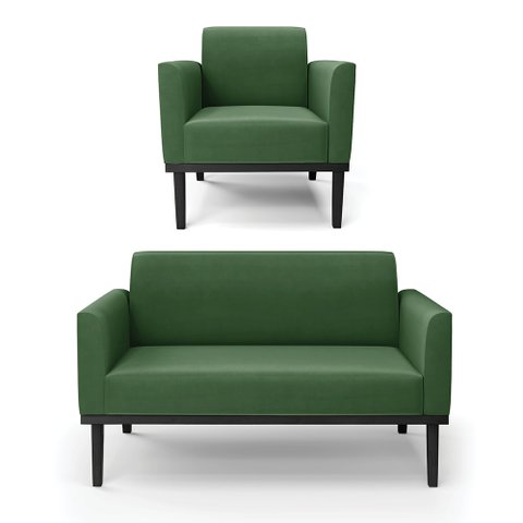 Conjunto Poltrona e Namoradeira Decorativa Isabella Pés Fixo em Madeira Preto Suede Verde G19 - Gran
