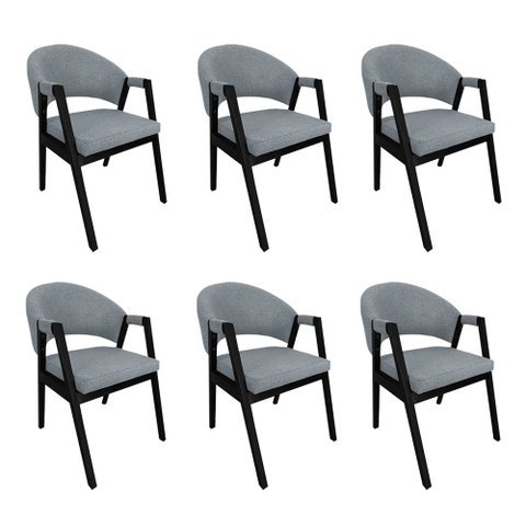 Kit 6 Cadeiras de Jantar Estofadas Helen Linho Cinza Madeira Eucalipto Tratado Preto Sala Luxo