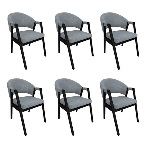 Kit 6 Cadeiras de Jantar Estofadas Helen Linho Cinza Madeira Eucalipto Tratado Preto Sala Luxo
