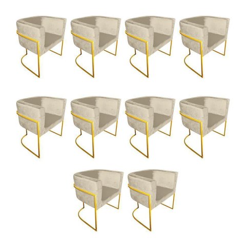 Kit 10 Poltronas Decorativa Sala de Estar Base de Ferro Dourada Veludo Bege