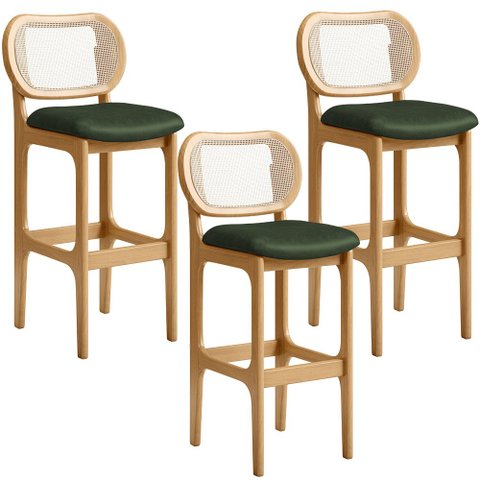 Kit 03 Banquetas Altas Para Cozinha Bancada Sala Tela Betta Fixa L02 Couríssimo Verde Musgo - Lyam L