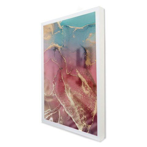 Quadro Decorativo Caixa Alta com Vidro Abstrato Mármore Rosa e Azul Perolado TaColado Moldura Branca
