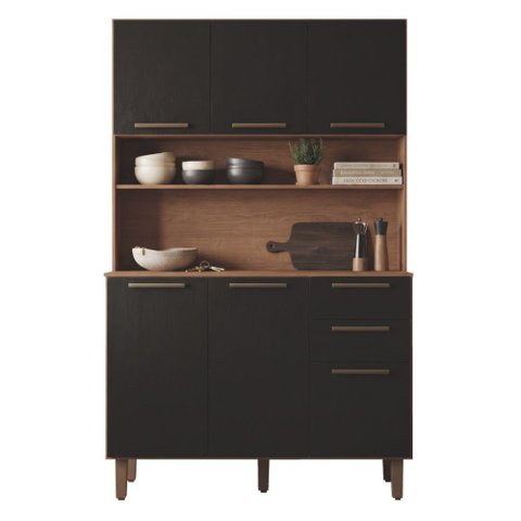 Armário de Cozinha Completa Compacta 6 Portas 2 Gavetas 1,20m Pop Nature / Preto Zanzini