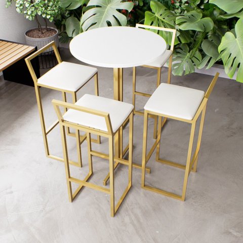 Jogo Mesa Alta Bistrô Redonda Branca 4 Banquetas Estofado Confort Industrial Dourado Don Castro Deco