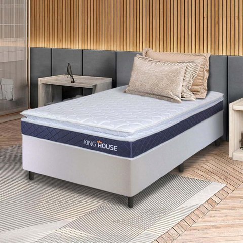 Conjunto Box Branco Durban Azul Espuma D28 Solteiro 96x203x57 - King House