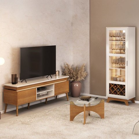 Sala Completa para Tv até 75" Lumina e Cristaleira com Led Cinamomo/off White - Pnr Móveis