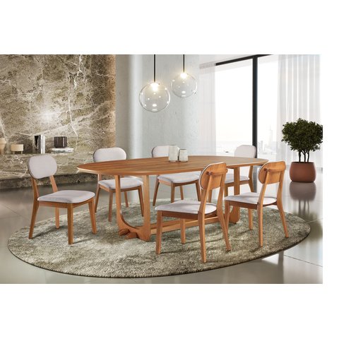 Conjunto Sala de Jantar 6 Lugares Alice Mesa e Cadeiras Organicas Madeira Maciça Linho Cinza Prata