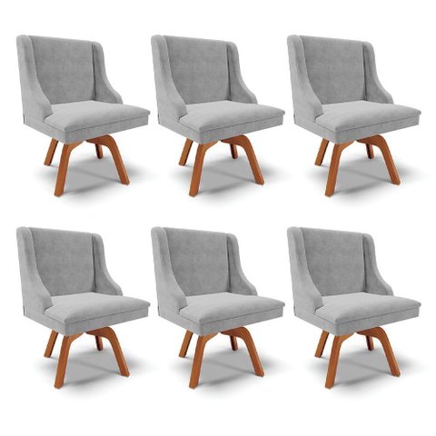 Kit 6 Cadeiras Decorativas Sala de Jantar Base Giratória de Madeira Firenze Suede Cinza/natural G19