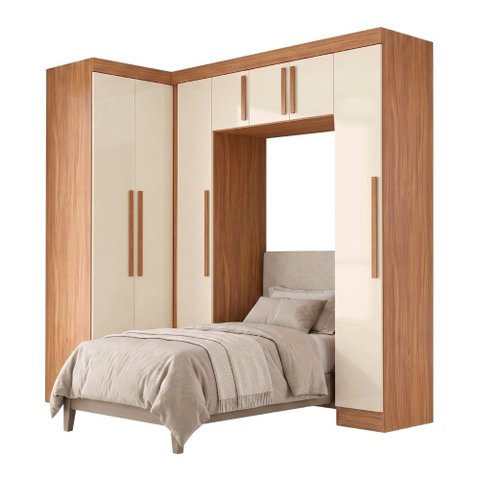 Guarda Roupas Modulado Closet de Canto Quarto Completo 7 Portas Espaço Cama Solteiro 0,88m Madrid