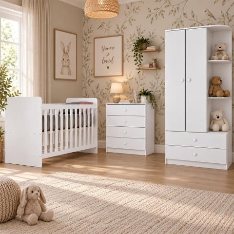 Dormitório Infantil Labirinto Guarda Roupa, Cômoda e Berço Branco com Colchão Baby Physical - m
