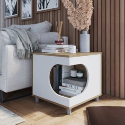 Mesa Lateral com Nicho para Pet Almofada em Corino - 1 Mesa Lateral com Nicho para Pet Almofada em Corino - 1