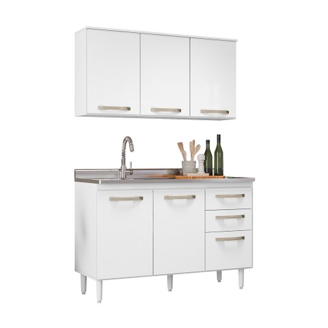 Armário Aéreo Mila 120 + Balcão para Pia Stella 118 cm sem Tampo Branco