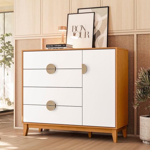 Cômoda Sapateira Abruzzo A04 1 Porta 4 Gavetas MDF Puxador Meia Lua Cinamomo Branco Lyam Decor