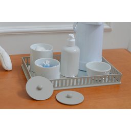 Kit Higiene Porcelana Bebê Bandeja Cinza + Térmica 500 Ml Maternidade - 10