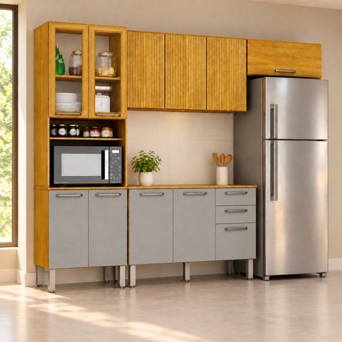 Cozinha Completa 4 Peças 11 Portas 2 Gavetas Cristaleira Mila Cinamomo/Cinza Espresso Moveis