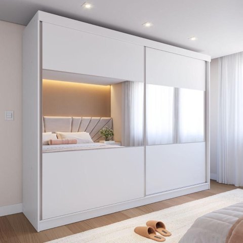 Guarda Roupa Gavino Casal 2 Portas de Correr com Espelho 238cm Branco Fosco