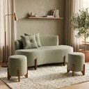 Ver imagem 1 de Conjunto Sofá Curvo Orgânico + 02 Puff Luna Boucle Verde Menta - Montanaris Decor