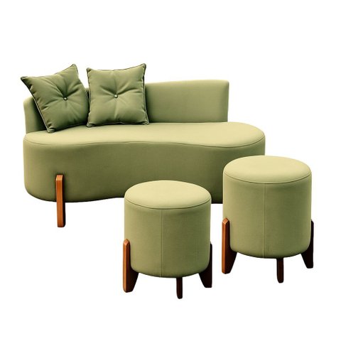 Conjunto Sofá Curvo Orgânico + 02 Puff Luna Boucle Verde Menta - Montanaris Decor
