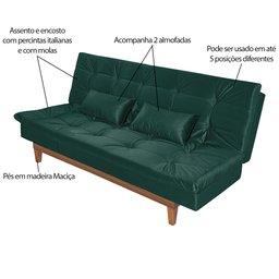 Sofá Cama Reclinável 2 Lugares Change Veludo Verde - Gran Belo - 3