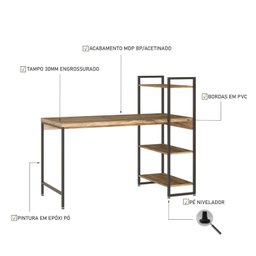 Escrivaninha Mesa Escritório com Estante Estilo Active 3 Prateleiras 135cm Industrial Yescasa Carvalho Marrom - 4 Escrivaninha Mesa Escritório com Estante Estilo Active 3 Prateleiras 135cm Industrial Yescasa Carvalho Marrom - 4