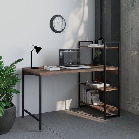 Escrivaninha Mesa Escritório com Estante Estilo Active 3 Prateleiras 135cm Industrial Yescasa Nogal Marrom