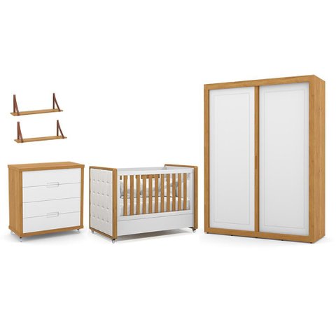 Dormitório Tutto New 2 Portas, Cômoda 4 Gavetas e Berço Branco Soft/freijó com Capitonê e