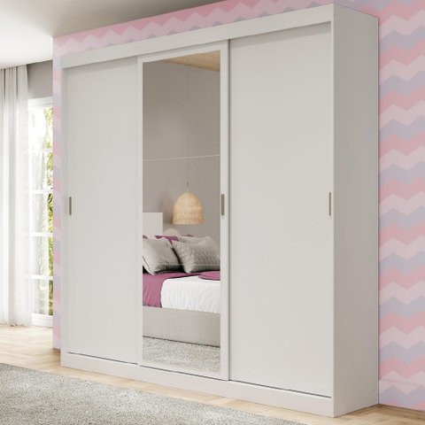 Guarda-roupa Infantil Fenix 3 Portas de Correr com Espelho 4 Gavetas Branco Carraro