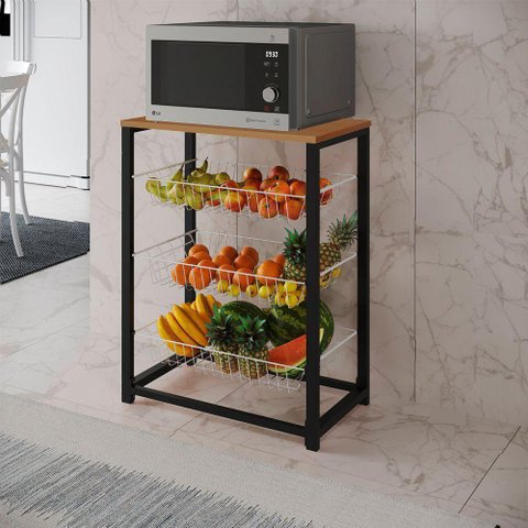 Fruteira Com Suporte Para Micro-Ondas Barcelona Aço Preto Cesto Branco Tampo Canela Cor: Canela
