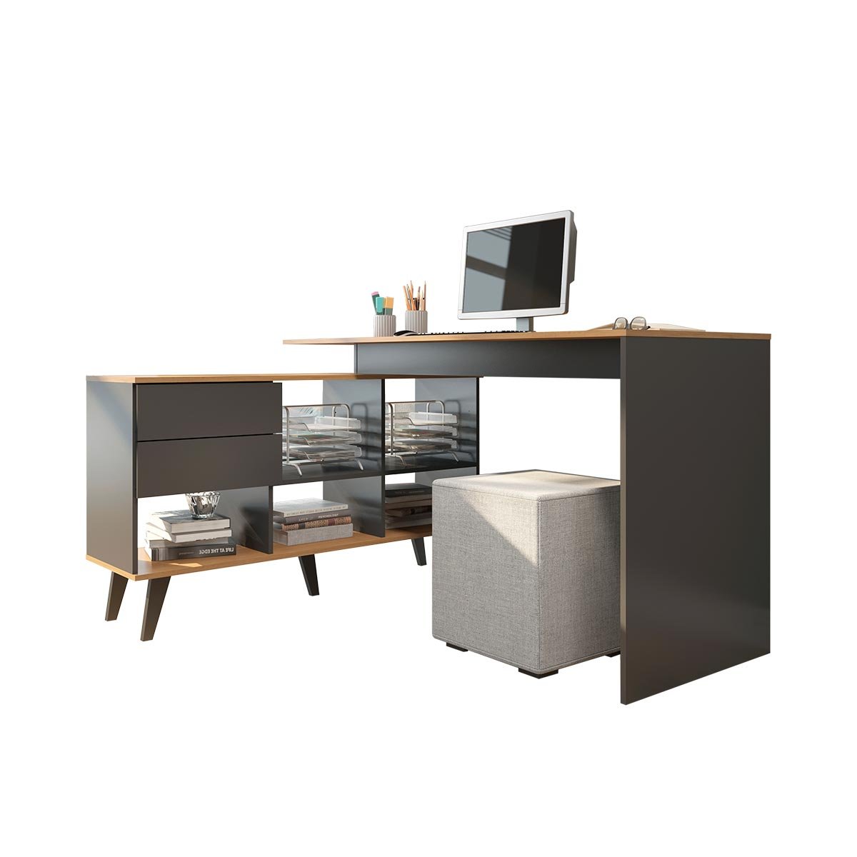 Mesa em L Home Office 128/145x76 Cm Estante 2 Gavetas Carvalho Cinza 0747 Menu - 5