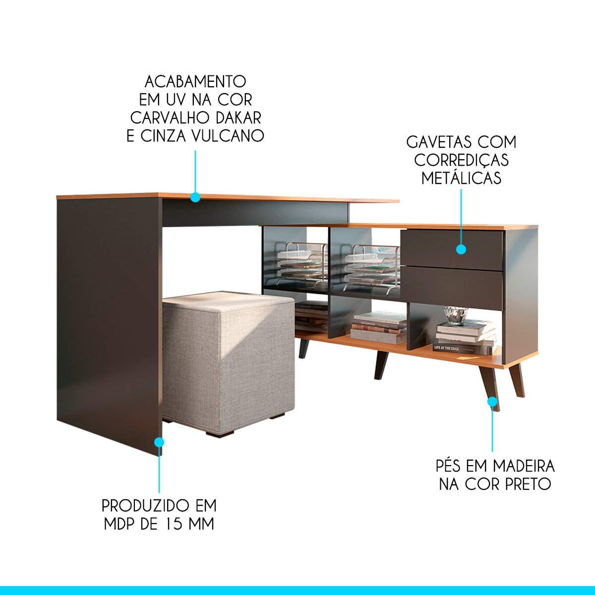 Mesa em L Home Office 128/145x76 Cm Estante 2 Gavetas Carvalho Cinza 0747 Menu - 3