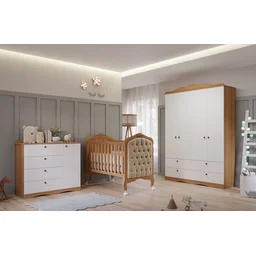 Quarto de Bebê 3 Peças com Berço Capitonê Cômoda 4 Gavetas e Guarda Roupa 4 Portas 4 Gavetas Aquarel - 1