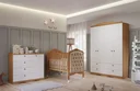 Ver imagem 1 de Quarto de Bebê 3 Peças com Berço Capitonê Cômoda 4 Gavetas e Guarda Roupa 4 Portas 4 Gavetas Aquarel Marrom/Nature/Branco