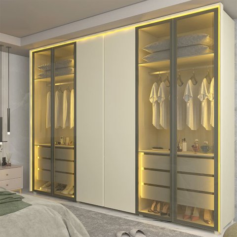 Guarda Roupa Lumina 6 Portas 4 Portas Reflecta LED 100% MDF Off White Bronze - Gelius