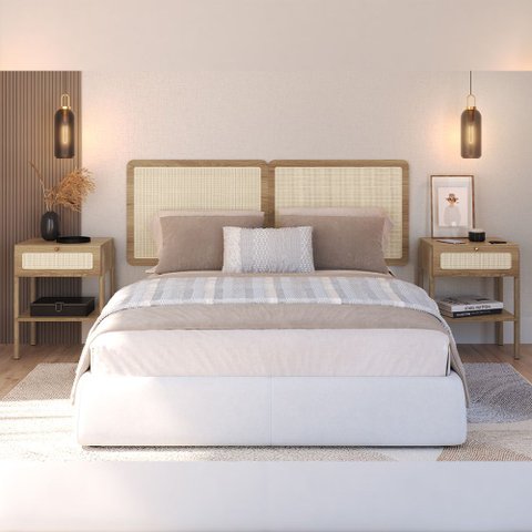Cabeceira Casal Queen 160cm e 2 Mesas Laterais 1 Gaveta Madeira Moss A03 Hanover Roble - Lyam Decor