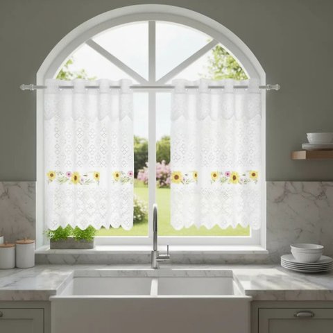 Cortina Pia c/ Bando Vitro Real Renda Cozinha 1,60x0,80x0,20:Girassol