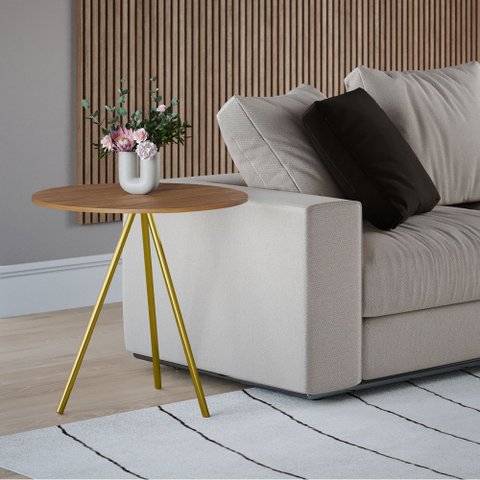 Mesa Lateral Decorativa Gabriela Base Dourada Tampo Redondo Amêndoa