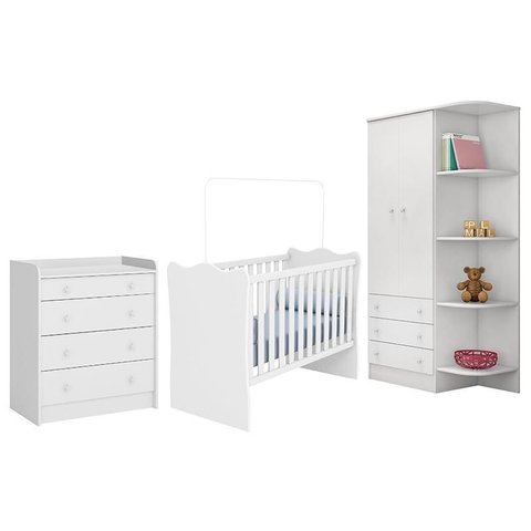 Dormitório Infantil Doce Sonho 2 Portas, Cômoda Trocador e Berço Branco - Qmovi