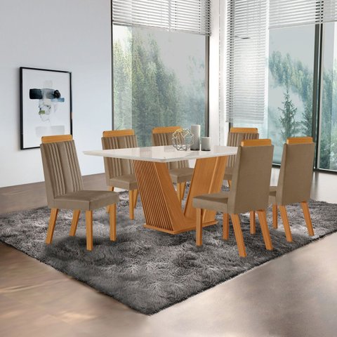 Conjunto de Jantar Mesa Maia Tampo MDF e Vidro com 6 Cadeiras Florença Marrom/Castanho Cinamomo/Capuccino/Off White