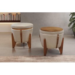 Puff Banqueta Fênix Baú Mesa Castellar Móbile Linho Bege - 3 Puff Banqueta Fênix Baú Mesa Castellar Móbile Linho Bege - 3